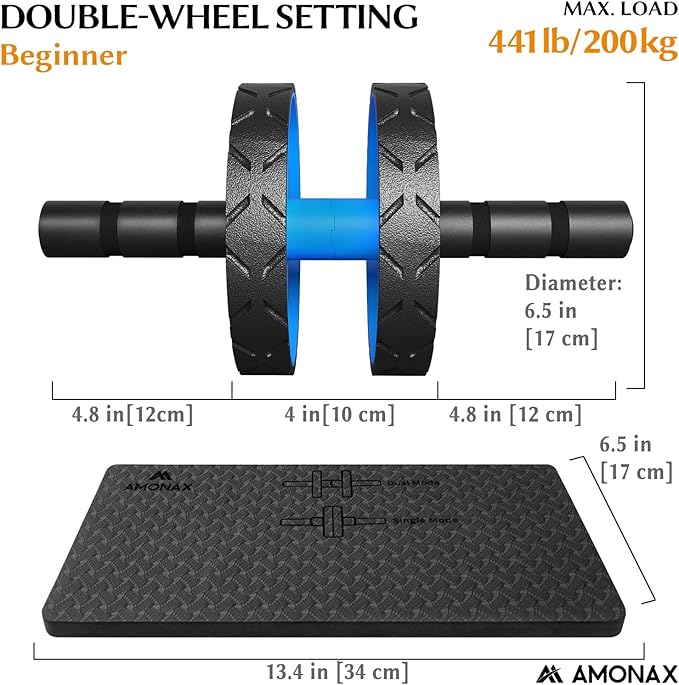 Amonax Convertible Ab Wheel Roller with Large Knee Mat for Core Abs Rollout Exercise, Double Wheel Set with Dual Fitness Strength Training Modes at Gym or Home