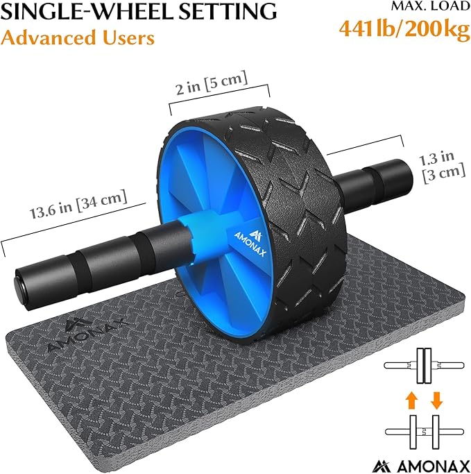 Amonax Convertible Ab Wheel Roller with Large Knee Mat for Core Abs Rollout Exercise, Double Wheel Set with Dual Fitness Strength Training Modes at Gym or Home