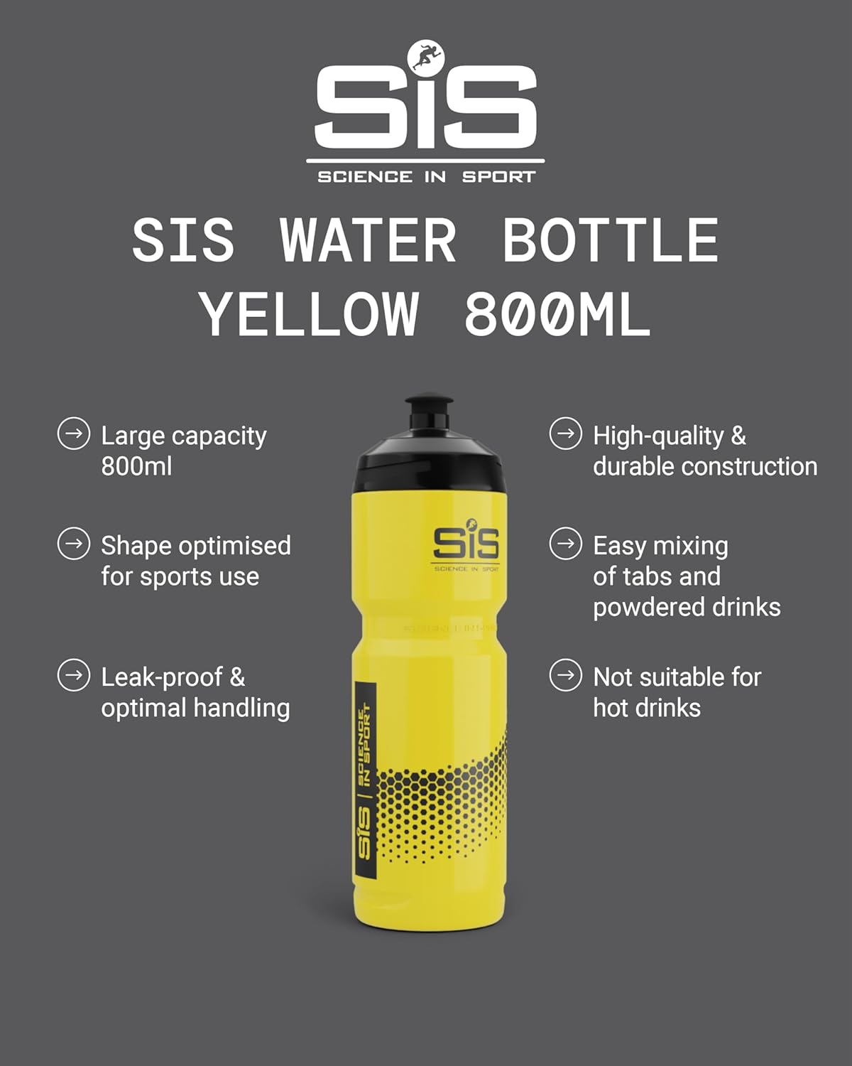 Science in Sport SIS Yellow Sports Water Bottle, Plastic Water Bottle, Black Logo, Yellow Colour, 800 ml [Design may vary]