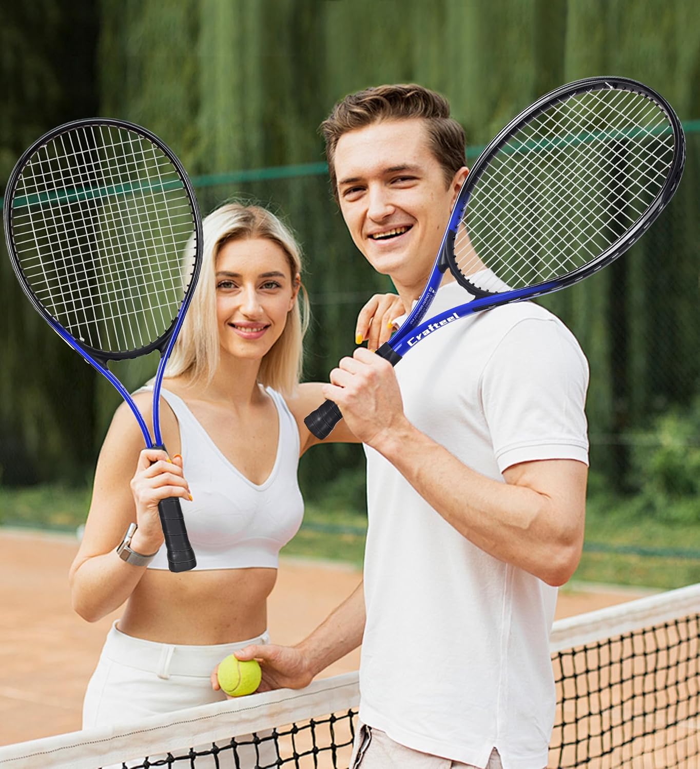 27" Tennis Rackets Set of 2, Family Beginner 27 Inch Tennis Racket Set for Outdoor Recreational Sport Game